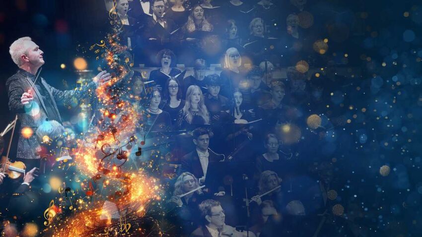 A man conducting and an orchestra playing. The image is split by orange sparkles and musical notes. The image has a blue hue and feels festive.