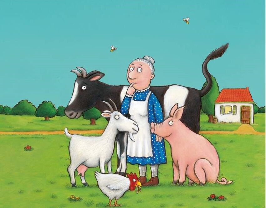 Cartoon of a older woman in a blue spotty dress and white apron, surrounded by a cow, goat, pig and chicken.