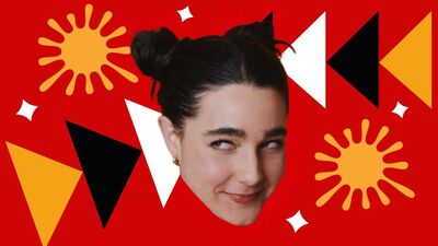A woman's head is photoshopped onto a red background. She's wearing space buns and glancing to the side