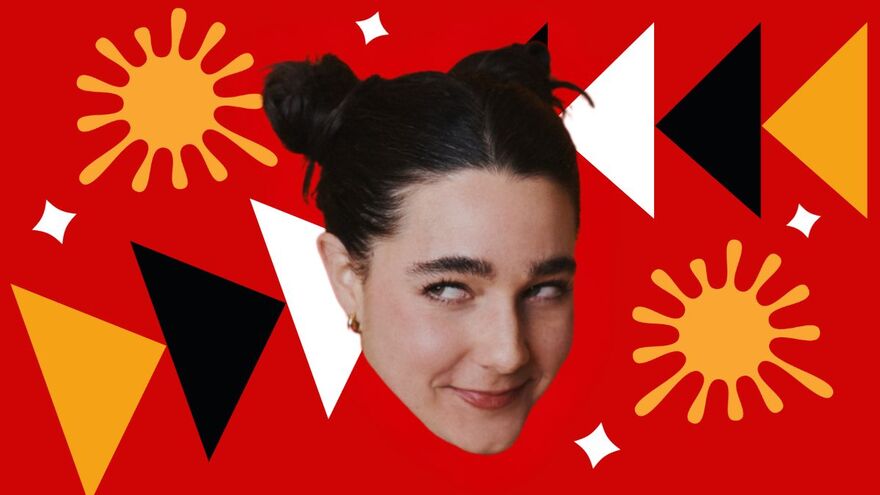 A woman's head is photoshopped onto a red background. She's wearing space buns and glancing to the side