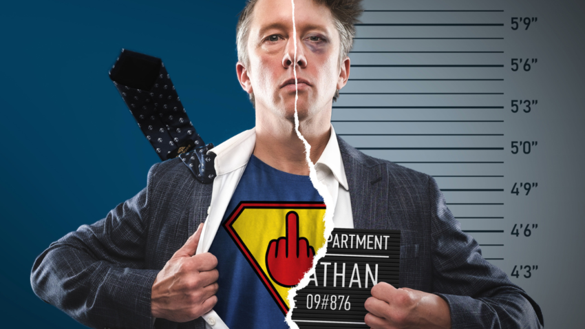 man stands in a picture split in two. One side shows him as heroic and the other side shows him in a mug shot as he looks directly forwards