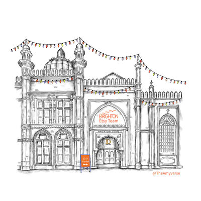 Sketch of Brighton Dome with christmas lights hanging and 'Brighton Etsy Team' written on the front