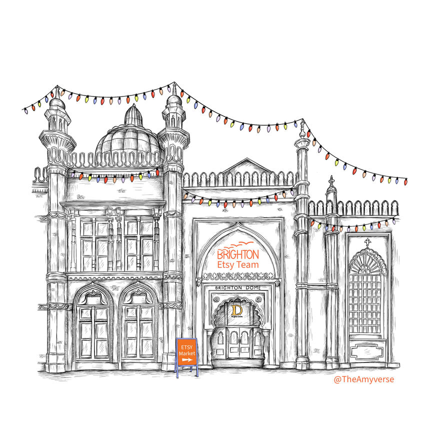 Sketch of Brighton Dome with christmas lights hanging and 'Brighton Etsy Team' written on the front