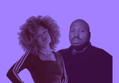 AFLO.the Poet with Kareem Parkins-Brown next to her. The photo has a purple colour treatment on it