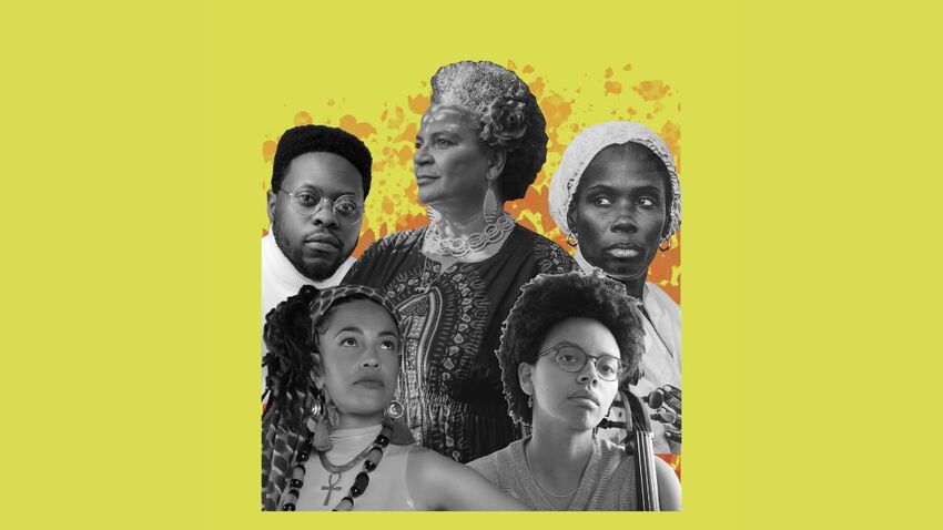 Black and white photos of five people against a yellow background