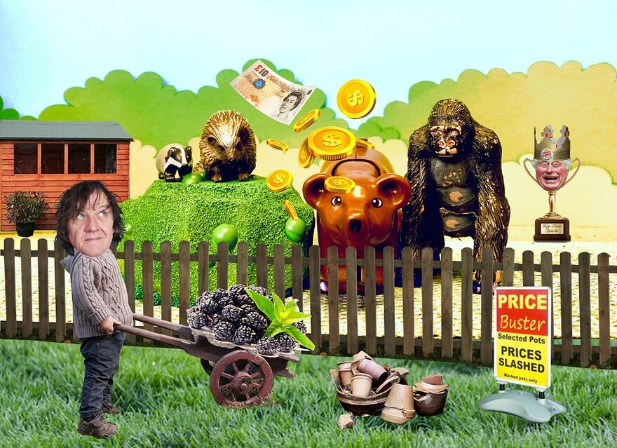 A collage of a man holding a wheelbarrow of berries, a bear-shaped money box, gorilla and a crying burger king trophy