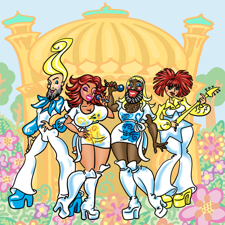 Colourful illustration of people dressed as ABBA in front of Brighton Dome