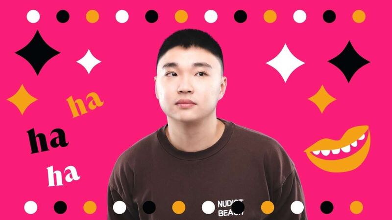 Jin Hao Li standing over a pink background with orange, black and white laughs and star around him