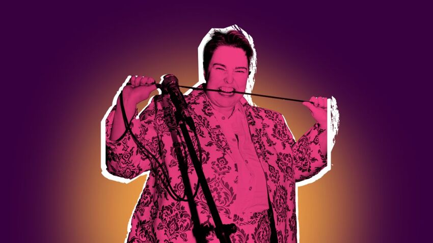 Erin Enfys is cut out against a purple background with a pink a white duotone wash. Behind them is a golden circular gradient