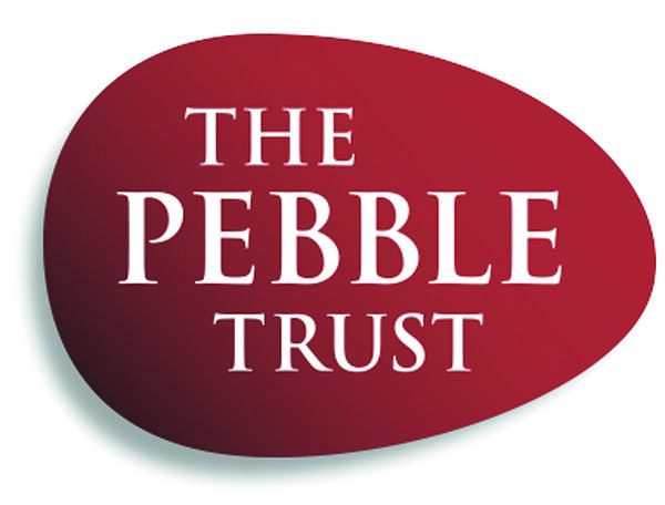 Red circle logo with white text reading The Pebble Trust