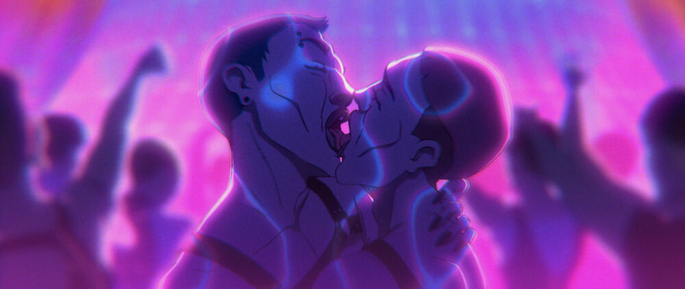 Animated scene of two people kissing closely in a nightclub, surrounded by blurred figures and glowing pink and purple lighting
