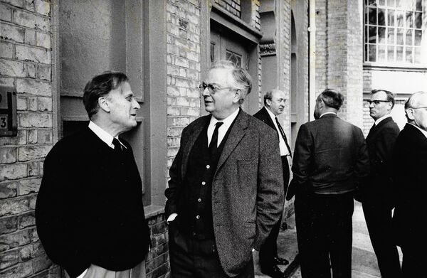 Credit Chris Menges: Herbert Menges and Yehudi Menuhin outside Brighton Dome stage door, April 1968.