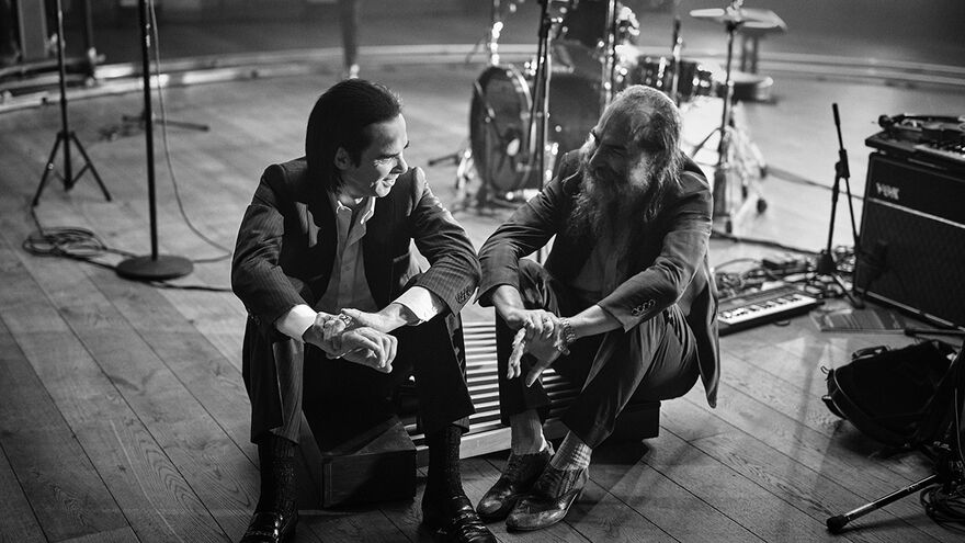 Black and white photo of Nick Cave & Warren Ellis