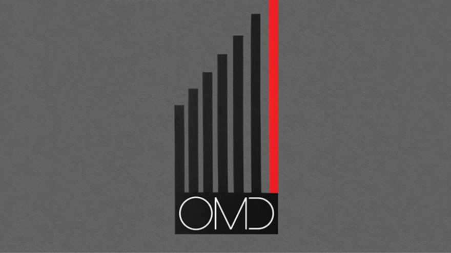 Cover art for 'Bauhaus Staircase'. Vertical black lines form a staircase over the letters 'OMD'. The last vertical line is red. The background is grey