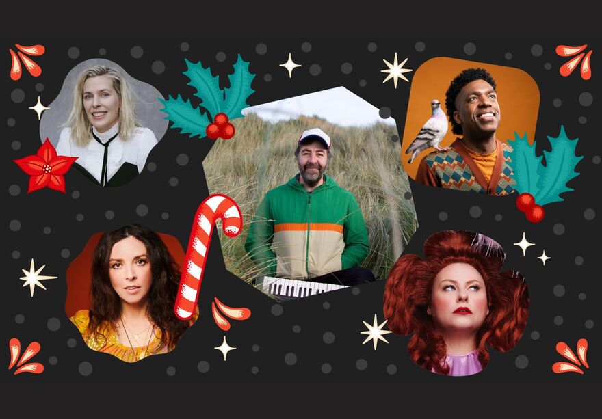 Collection of headshots, three women and two men. They are surrounded by holly leaves, christmas candy canes and stars