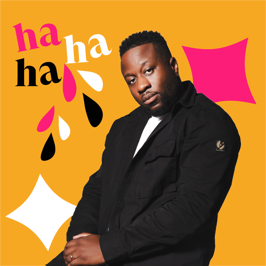 Babatunde Aléshé standing in front of a yellow background with the words