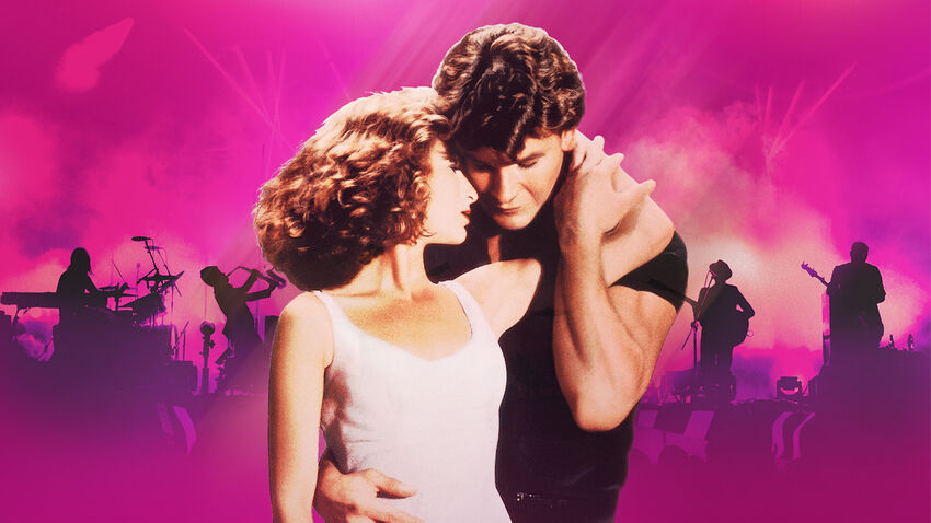 Still from the film (Baby and Johnny embracing) superimposed on a picture of a live band with dramatic purple lighting