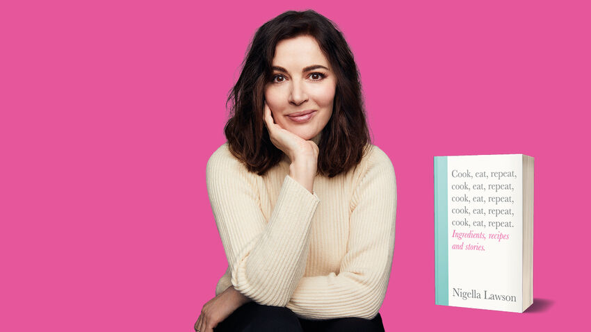 A photo of Nigella Lawson in front of a bright pink background, with a photo of her book 'Cook, Eat, Repeat'
