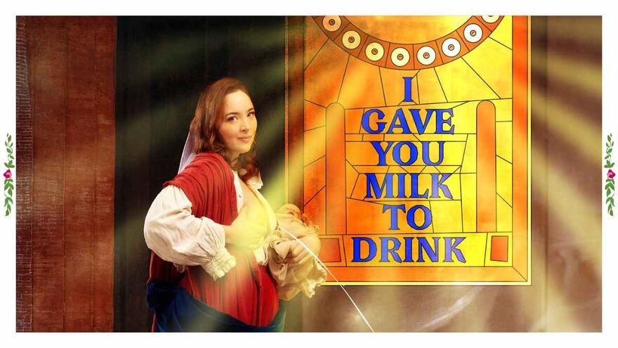 A white woman poses whilst holding her breast, from which milk squirts out. Behind her is a stained glass window that reads: I gave you your milk