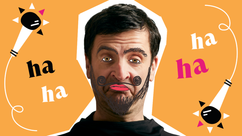 Spencer Jones with a doodle moustache over a yellow background with ha ha ha written in white, black and pink 