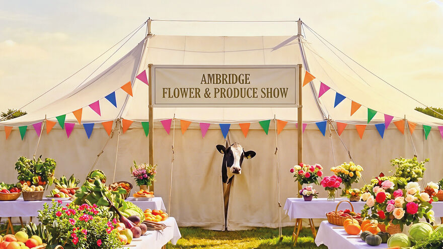 A gazebo in a garden with flowers on tables surrounding it. There is a cow peeping its head outside the gazeboo, with a sign above that read 