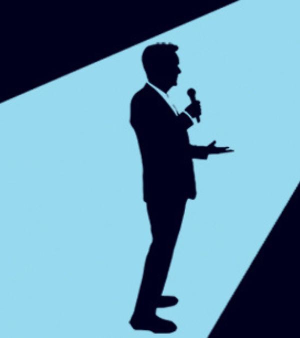Frank Skinner's profile silhouette against a blue background