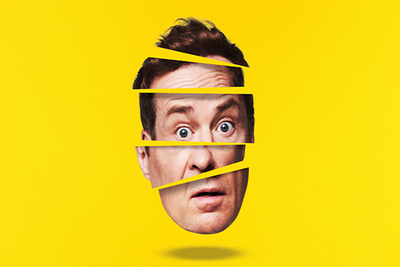 Ardal O'Hanlon's face cut up in to strips on a yellow background