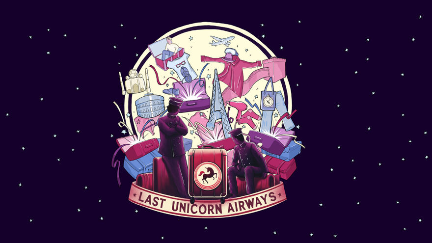 A cartoon image featuring landmarks such as the London Eye, Eiffel Tower, Great Wall of China, Colosseum. The cartoon also features to faceless figures wearing suit jackets and hats. The cartoon is surrounded by a navy starry sky and has the words 'Last Unicorn Airways' underneath 