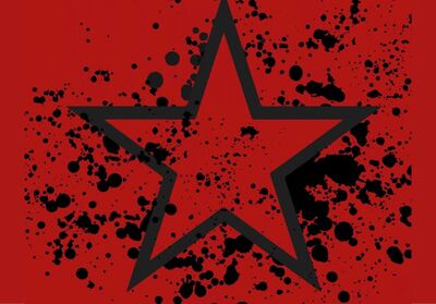 Black star outline surrounded by black splatter on a red background