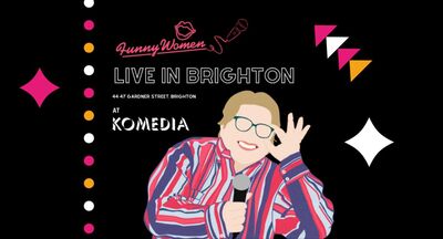 cartoon image of Ali Jay with Funny Women Live in Brighton written with Brighton Dome Comedy Festival pink, orange and whitegraphics