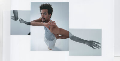 Liam Francis dressed in pale clothes with his arms framing his shoulder. Where his elbows should end images of forearms are collaged in black and white so his arms look extended, an echo of previous movement