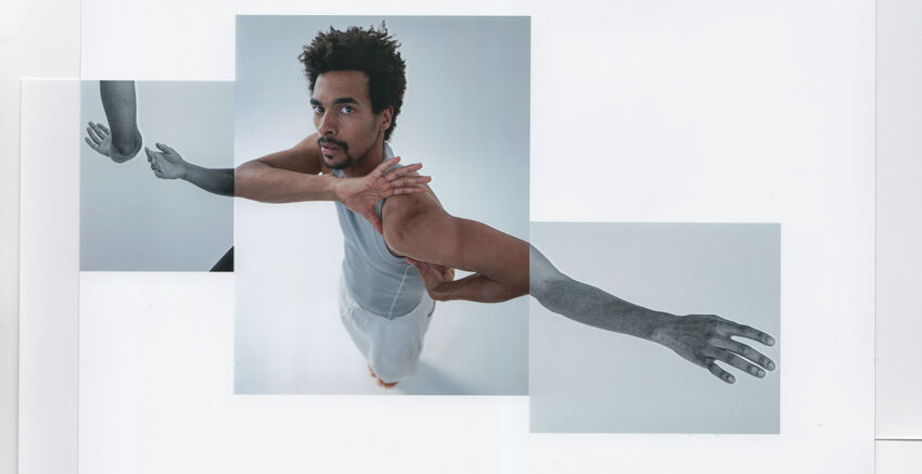 Liam Francis dressed in pale clothes with his arms framing his shoulder. Where his elbows should end images of forearms are collaged in black and white so his arms look extended, an echo of previous movement