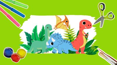 Cartoon blue, green, red and orange dinosaurs within a green border. They are surrounded by paints, pens, paintbrushes and scissors.