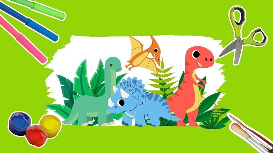Cartoon blue, green, red and orange dinosaurs within a green border. They are surrounded by paints, pens, paintbrushes and scissors.