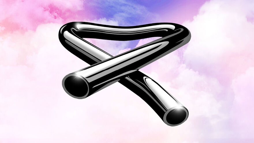 A silver metal looking pole bended into a cross. It sits on top of pink and purple clouds