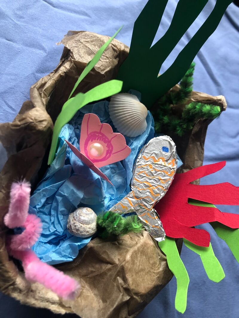 A hand crafted rock pool with water, seaweed and a fish made from colourful cardboard