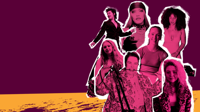 On a plain burgundy background is a image of Erin Enfys, a non binary performer, with a mic lead between their teeth. There is a pink wash over the image and a white textured outline