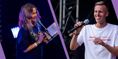 Hollie McNish & Harry Baker on stage with a microphone. There is purple divide between both photos