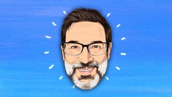 Illustration of Adam Buxton's face against a blue background