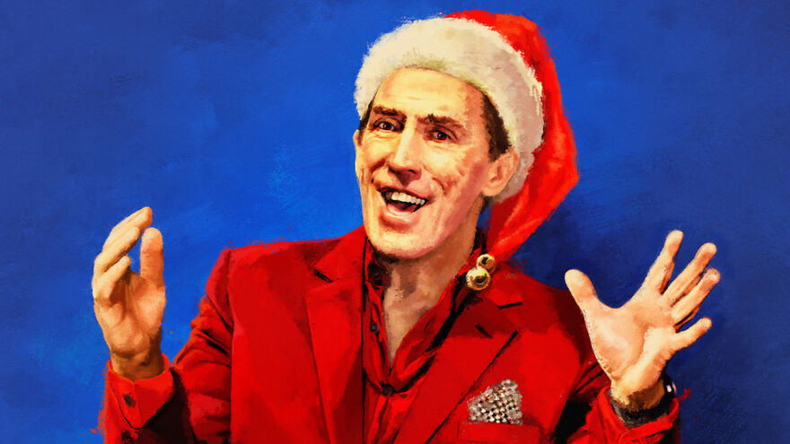 A painting portrait of Rob Brydon in a red suit and santa hat