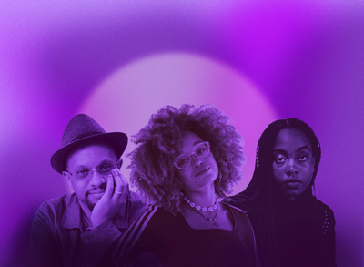 Mark Thompson, AFLO. the poet, and Maureen Onwunali cutouts against a purple background with a halo effect