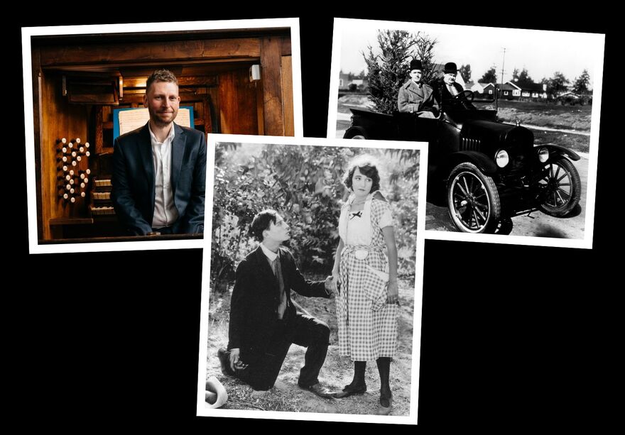 Collection of three photos on a black background. One picture is of a man sitting in front of an organ. The other two pictures are black and white, one is a man on his knee in front of a woman looking away. The other is of two men in an old car