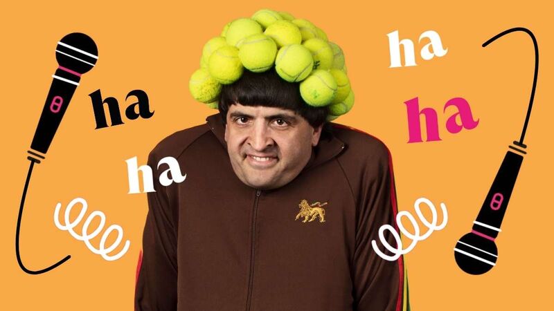 Spencer Jones wearing tennis balls on his head, in a brown tracksuit. Cartoon microphones, laughs and springs surround him