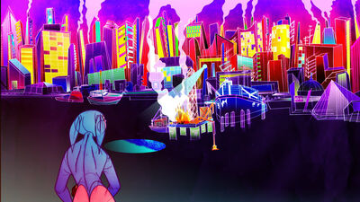 Vibrant neon-style illustration of a futuristic city skyline, with a lone figure in the foreground looking toward a fire burning on a pier