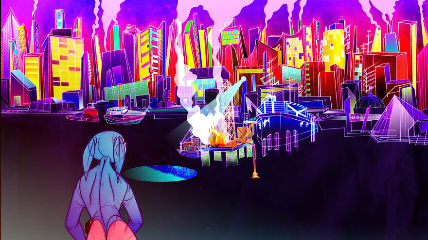 Vibrant neon-style illustration of a futuristic city skyline, with a lone figure in the foreground looking toward a fire burning on a pier