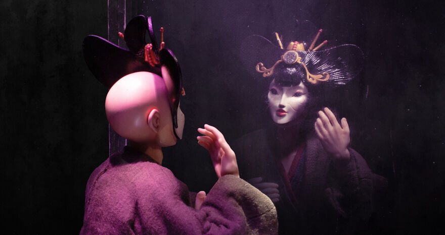 A puppet wearing a mask and ornate headpiece reaches toward a mirror, gazing at its reflection
