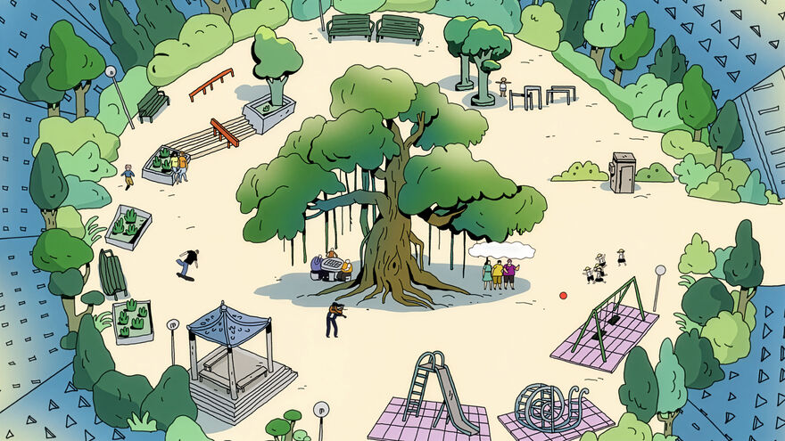An illustration of a park featuring a large leafy tree at the centre, with people sitting beneath it, others walking, and a playground area with swings, slide, and climbing equipment nearby