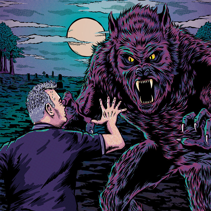 Comic style drawing of a man with his back turned reaching out to a large werewolf