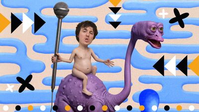 Surreal illustration of a small, nude adult man with a disproportionately large head sitting atop a whimsical purple, long-necked creature with four thin legs. He holds an oversized microphone upright in one hand and gestures with the other, as if speaking or performing. The background features wavy blue shapes over a beige backdrop, with a rounded blue abstract form in the foreground. The overall style is playful and fantastical.