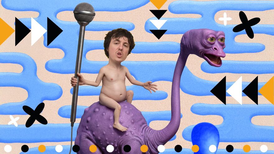 Surreal illustration of a small, nude adult man with a disproportionately large head sitting atop a whimsical purple, long-necked creature with four thin legs. He holds an oversized microphone upright in one hand and gestures with the other, as if speaking or performing. The background features wavy blue shapes over a beige backdrop, with a rounded blue abstract form in the foreground. The overall style is playful and fantastical.